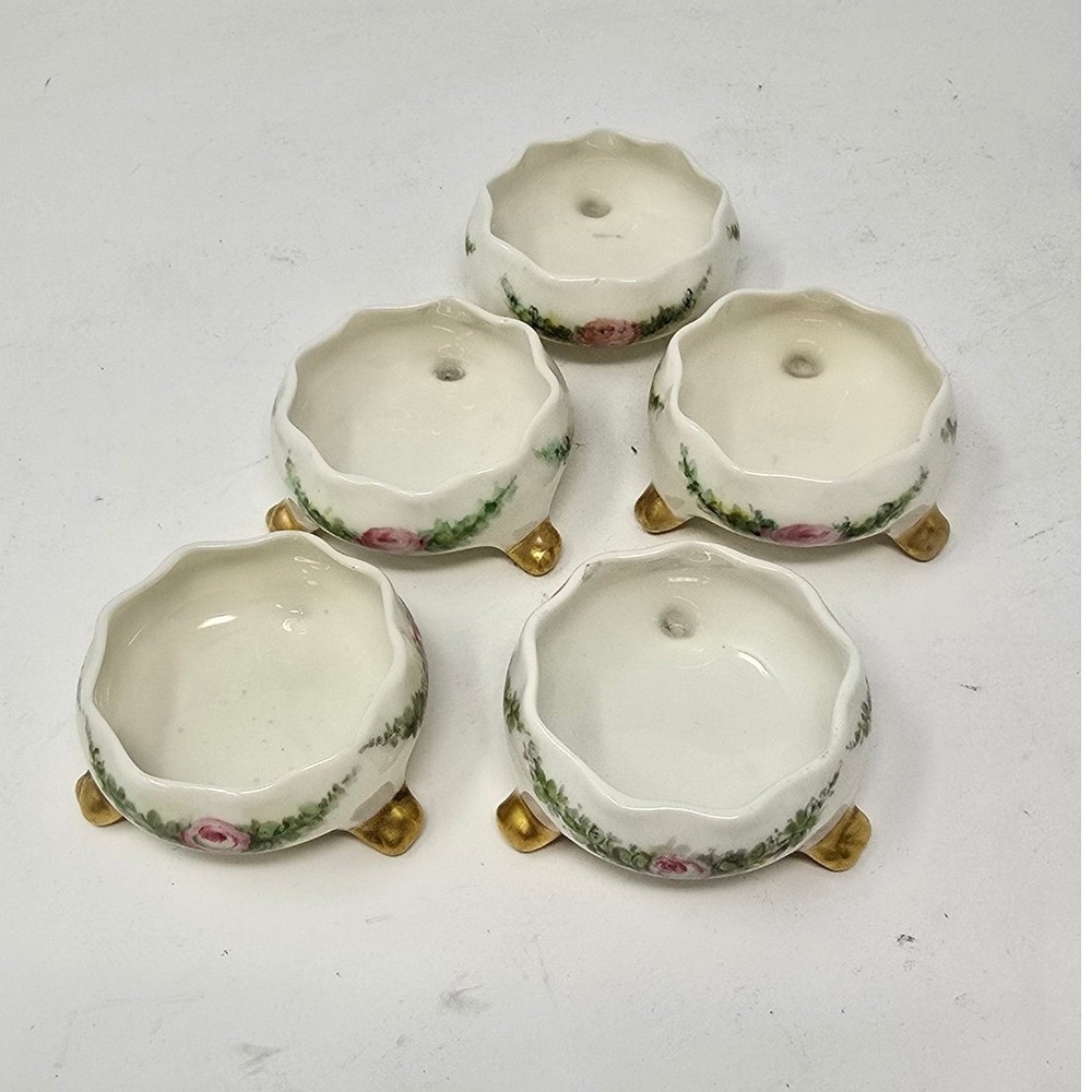 Vtg American Belleek tri-footed salt cellar hand painted cottagecore set of 5